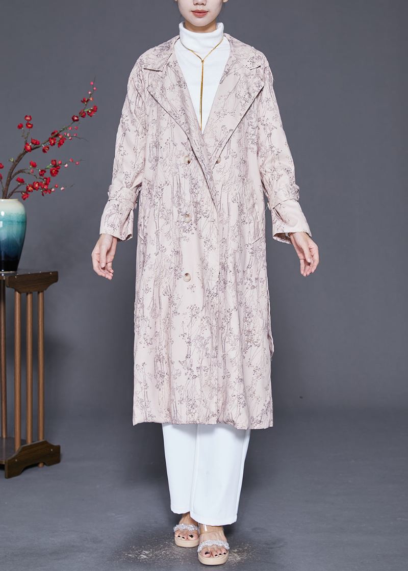 Fint Beige Print Dobbel Bryst Bomull Trenchcoat Høst - Trenchcoats for kvinner