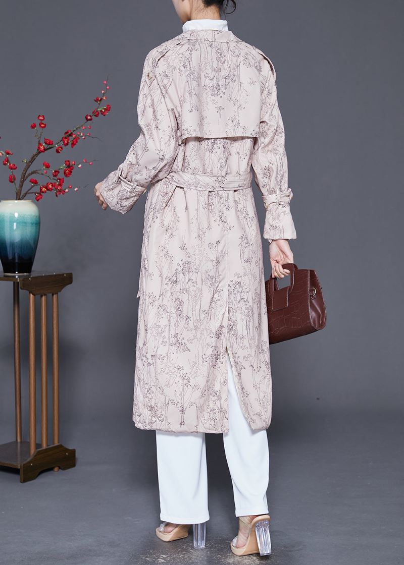 Fint Beige Print Dobbel Bryst Bomull Trenchcoat Høst - Trenchcoats for kvinner