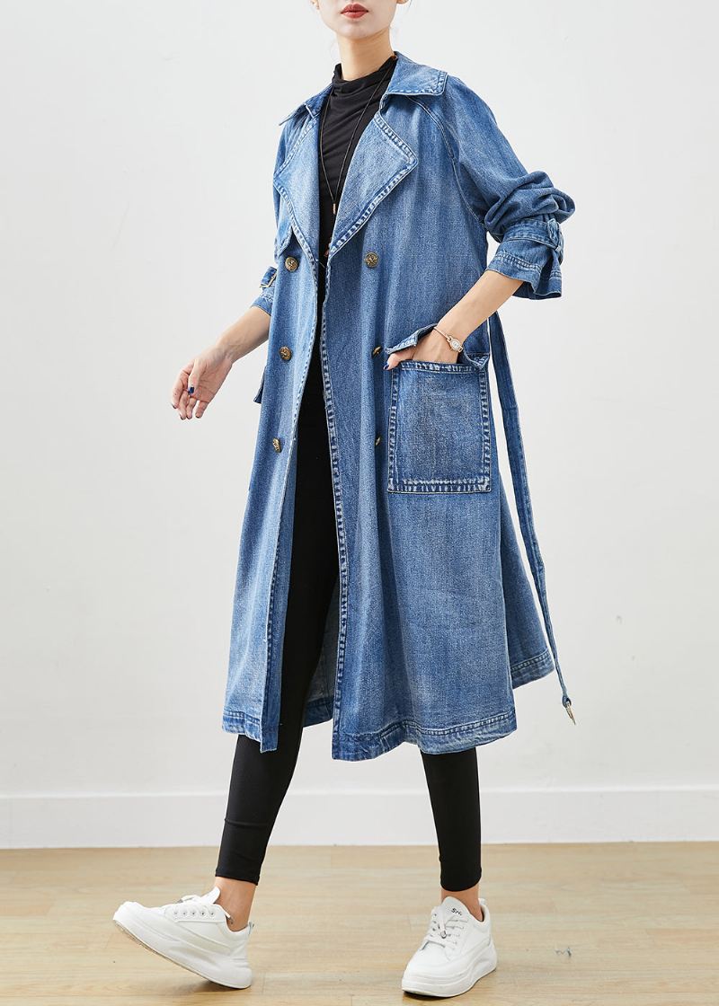 Fransk Blå Dobbel Bryst Tie Midje Denim Trench Fall