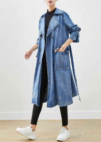 Fransk Blå Dobbel Bryst Tie Midje Denim Trench Fall