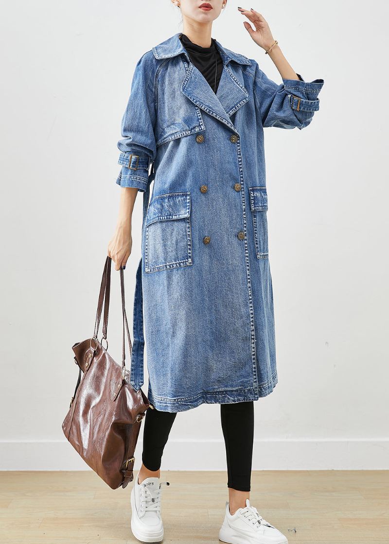 Fransk Blå Dobbel Bryst Tie Midje Denim Trench Fall - Trenchcoats for kvinner