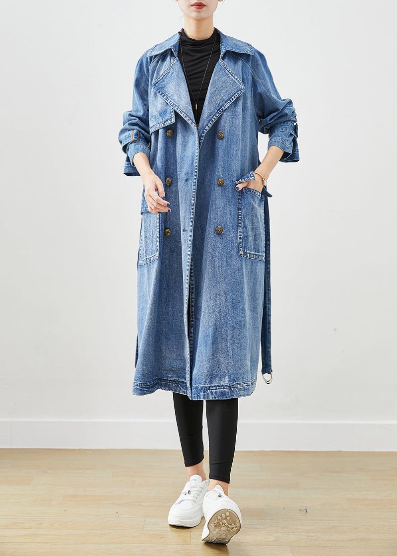 Fransk Blå Dobbel Bryst Tie Midje Denim Trench Fall - Trenchcoats for kvinner