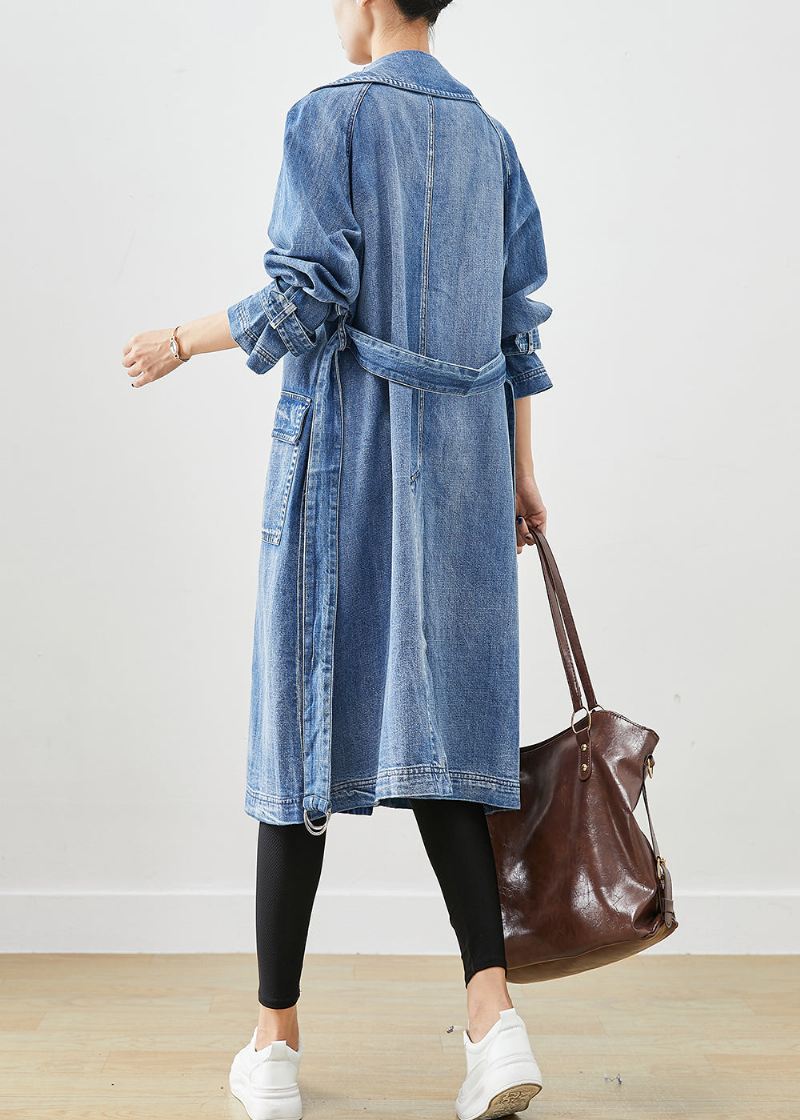 Fransk Blå Dobbel Bryst Tie Midje Denim Trench Fall - Trenchcoats for kvinner