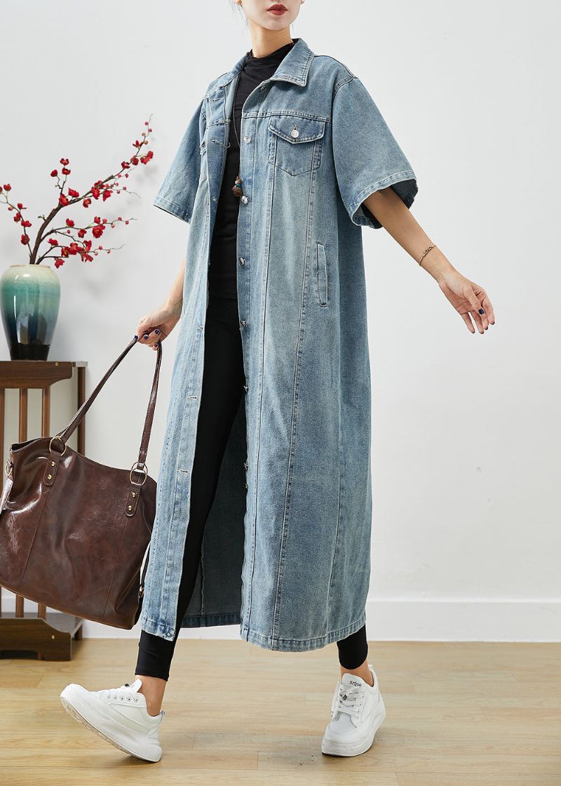 Fransk Denim Blå Overdimensjonerte Lommer Cotton Trench Kortermet