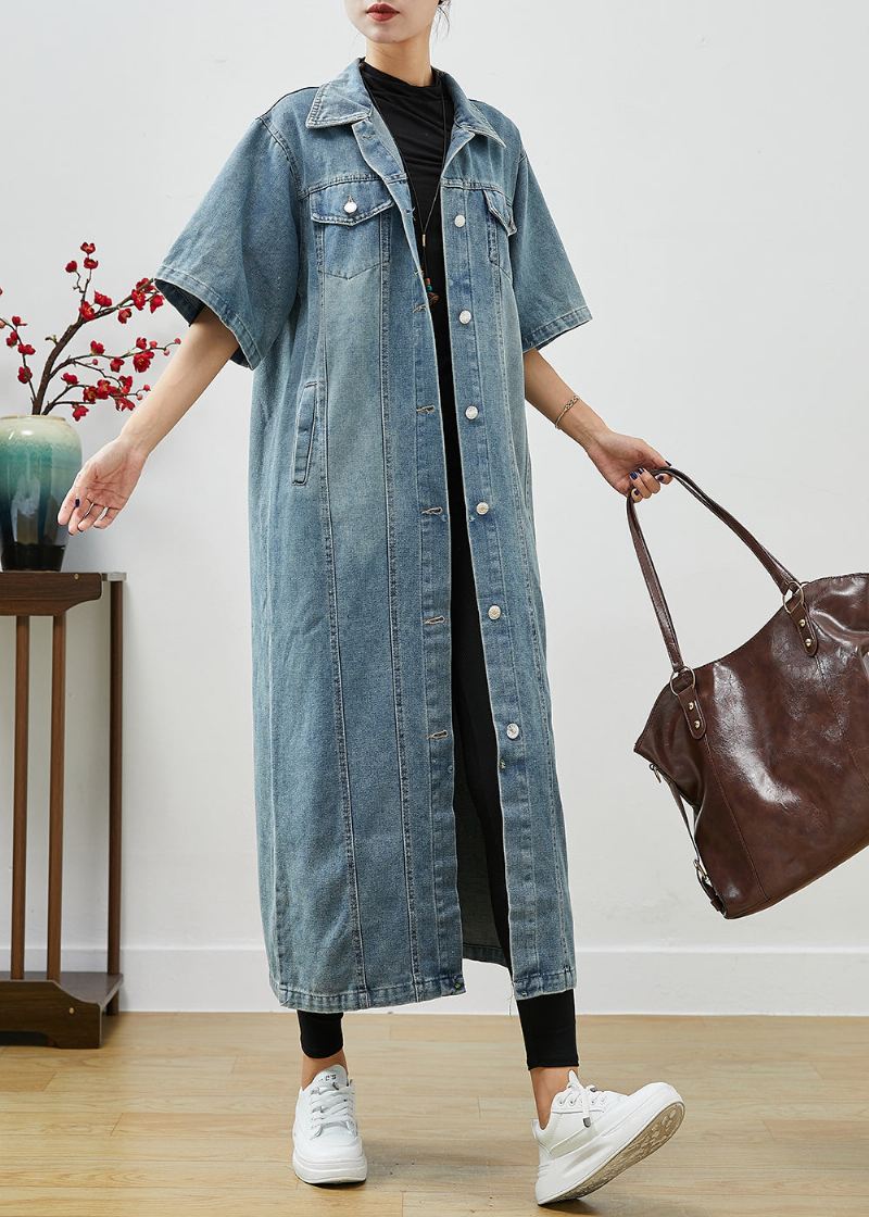 Fransk Denim Blå Overdimensjonerte Lommer Cotton Trench Kortermet - Trenchcoats for kvinner