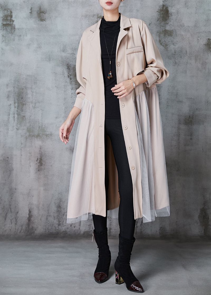 Fransk Khaki Hakk Krage Patchwork Tyll Bomull Trench Kjole Spring - Trenchcoats for kvinner