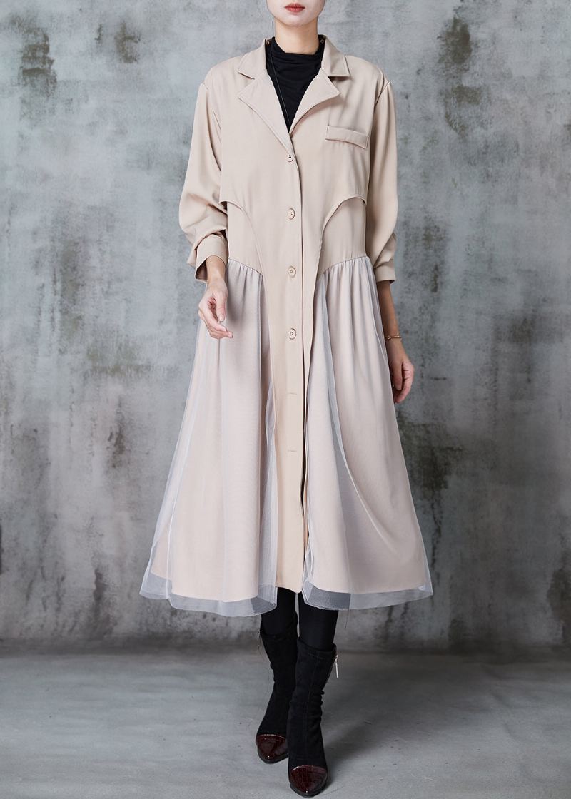 Fransk Khaki Hakk Krage Patchwork Tyll Bomull Trench Kjole Spring - Trenchcoats for kvinner