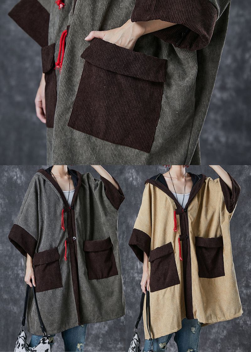 Fransk Khaki Hettelommer Patchwork Varm Fleece Trench Spring - Trenchcoats for kvinner