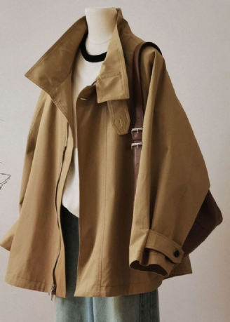 Fransk Khaki Peter Pan Krage Glidelås Patchwork Trench Coats Langermet