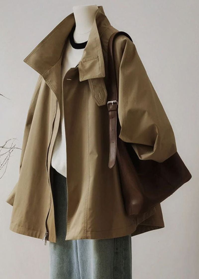 Fransk Khaki Peter Pan Krage Glidelås Patchwork Trench Coats Langermet - Trenchcoats for kvinner