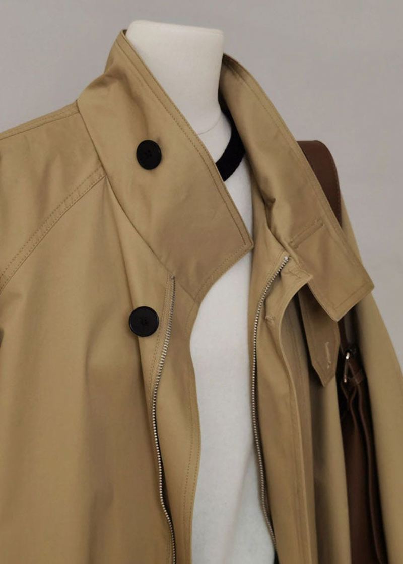 Fransk Khaki Peter Pan Krage Glidelås Patchwork Trench Coats Langermet - Trenchcoats for kvinner