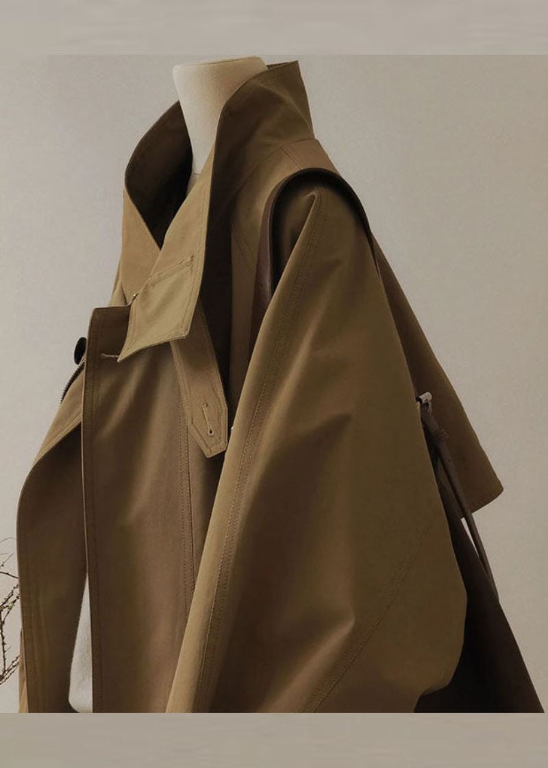 Fransk Khaki Peter Pan Krage Glidelås Patchwork Trench Coats Langermet - Trenchcoats for kvinner