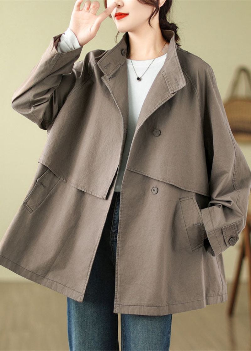 Fransk Mokka Stand Krage Patchwork Lommer Knapp Trench Coat Fall