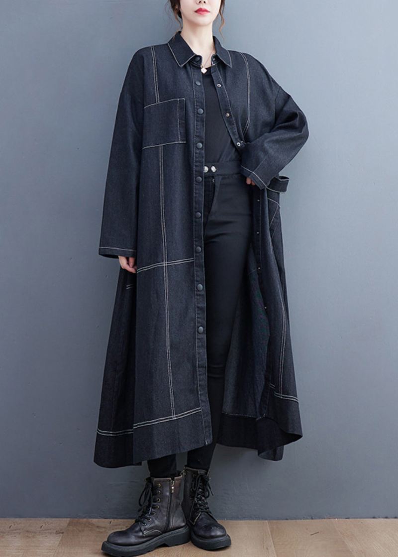 Fransk Svart Knapplommer Denim Lang Trench Coat Fall