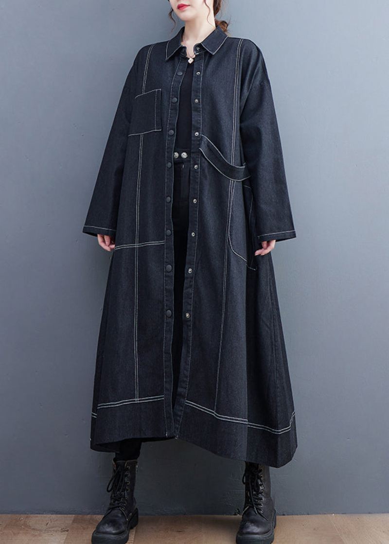 Fransk Svart Knapplommer Denim Lang Trench Coat Fall - Trenchcoats for kvinner