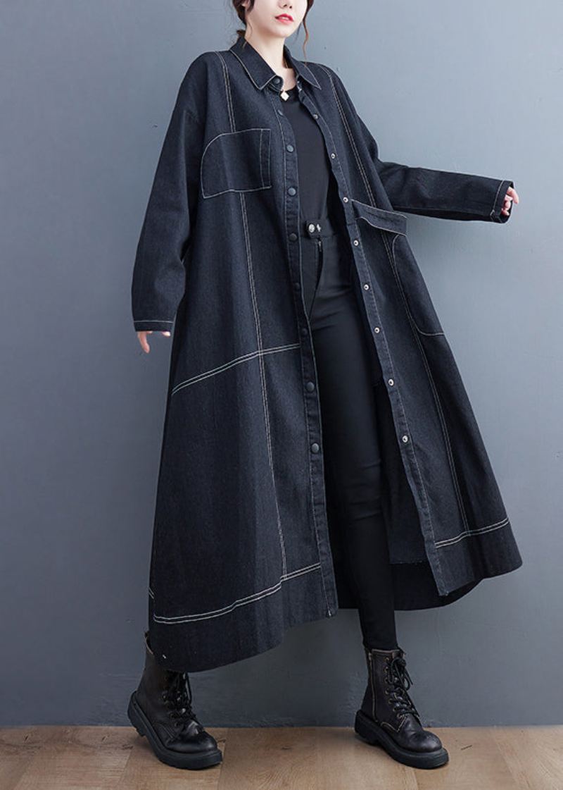 Fransk Svart Knapplommer Denim Lang Trench Coat Fall - Trenchcoats for kvinner