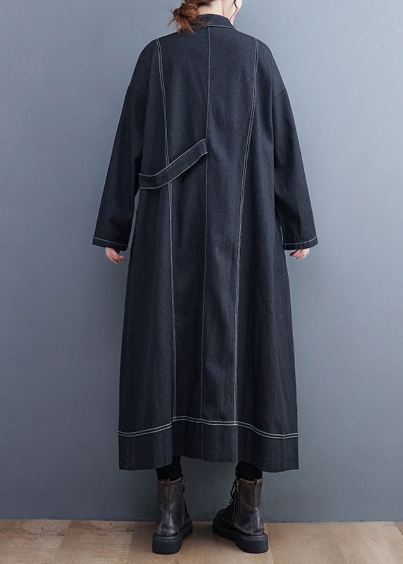 Fransk Svart Knapplommer Denim Lang Trench Coat Fall - Trenchcoats for kvinner