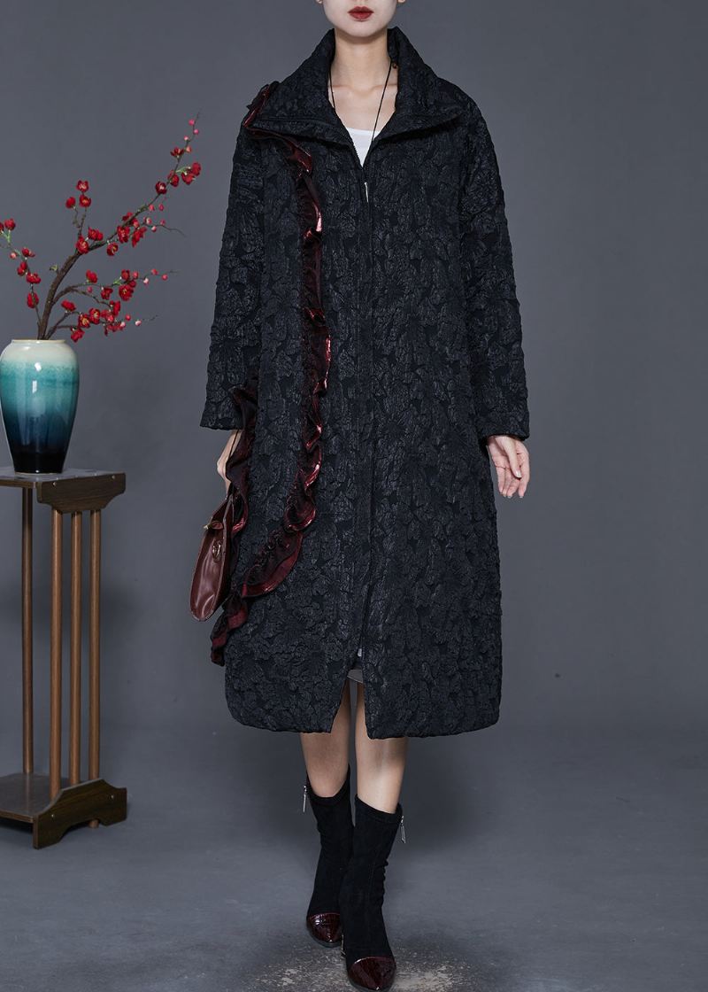 Fransk Svart Ruffled Patchwork Jacquard Fin Bomullsfylt Trench Spring - Trenchcoats for kvinner