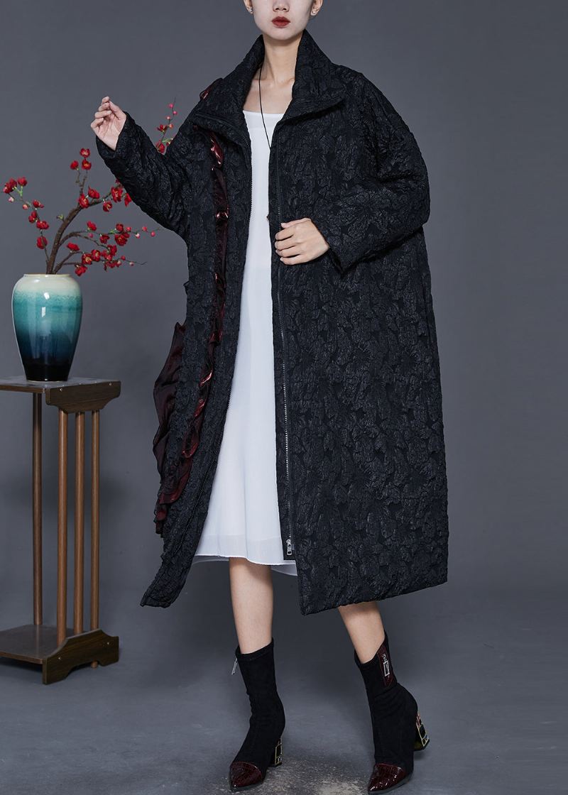 Fransk Svart Ruffled Patchwork Jacquard Fin Bomullsfylt Trench Spring - Trenchcoats for kvinner