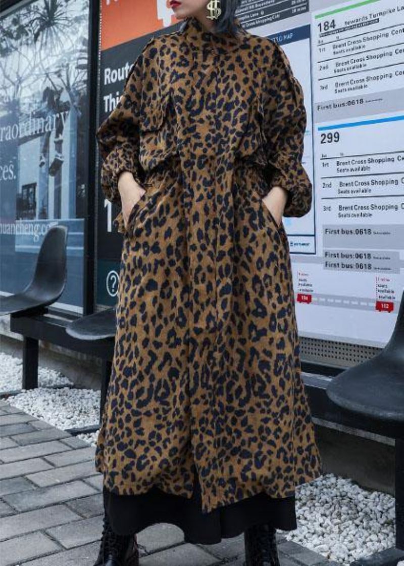 French Leopard Plus Size Trenchcoat Gaver Høstfrakk Med Glidelås