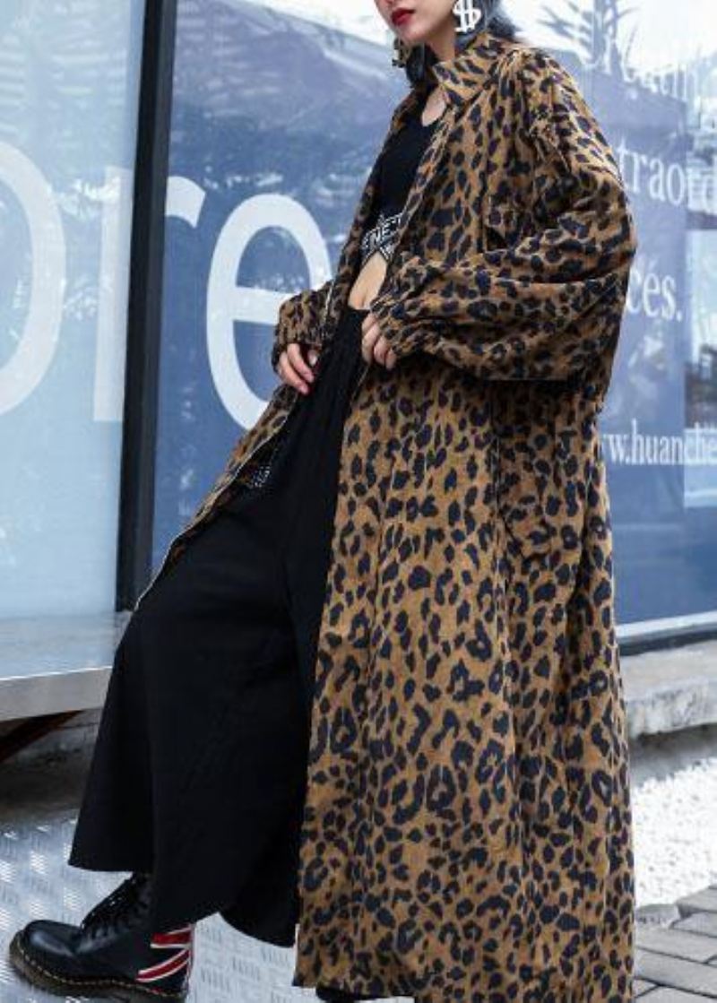 French Leopard Plus Size Trenchcoat Gaver Høstfrakk Med Glidelås - Svart