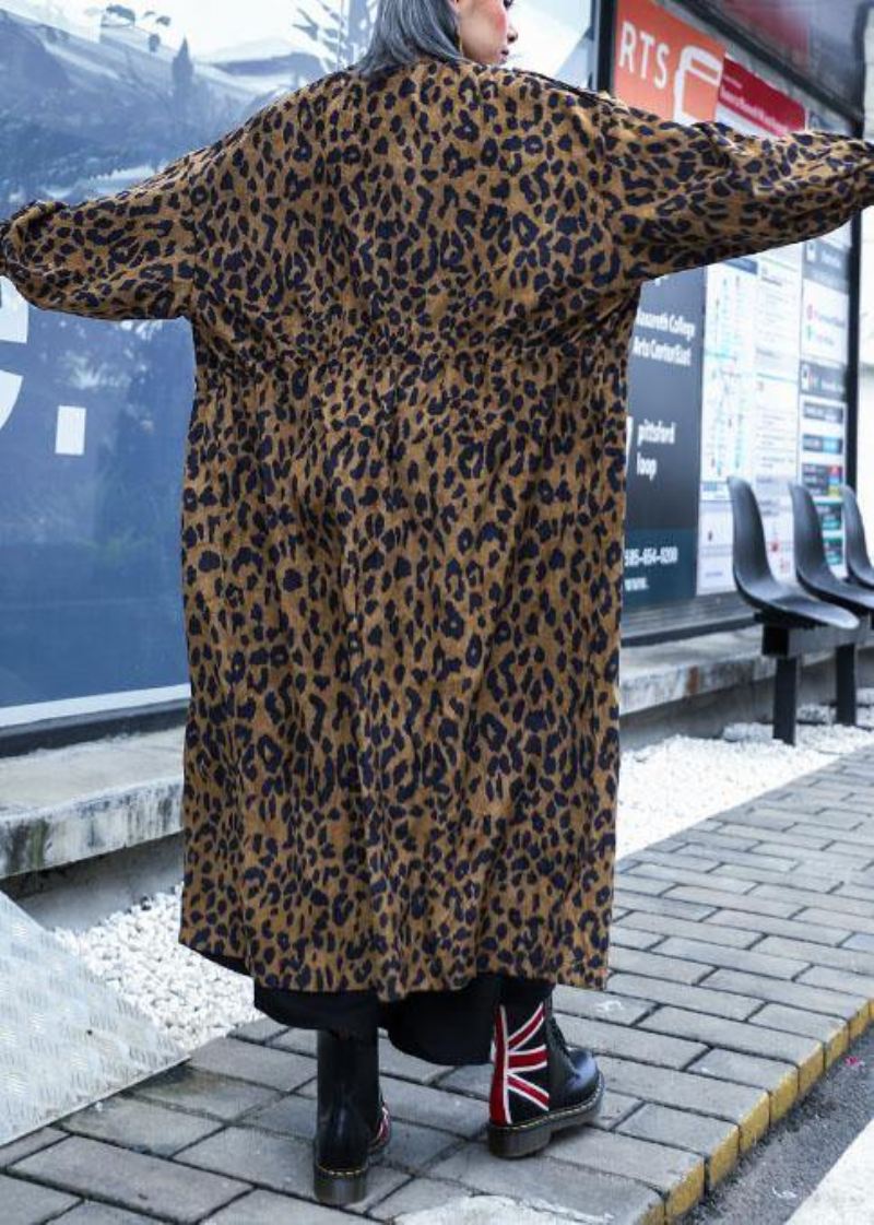 French Leopard Plus Size Trenchcoat Gaver Høstfrakk Med Glidelås - Svart