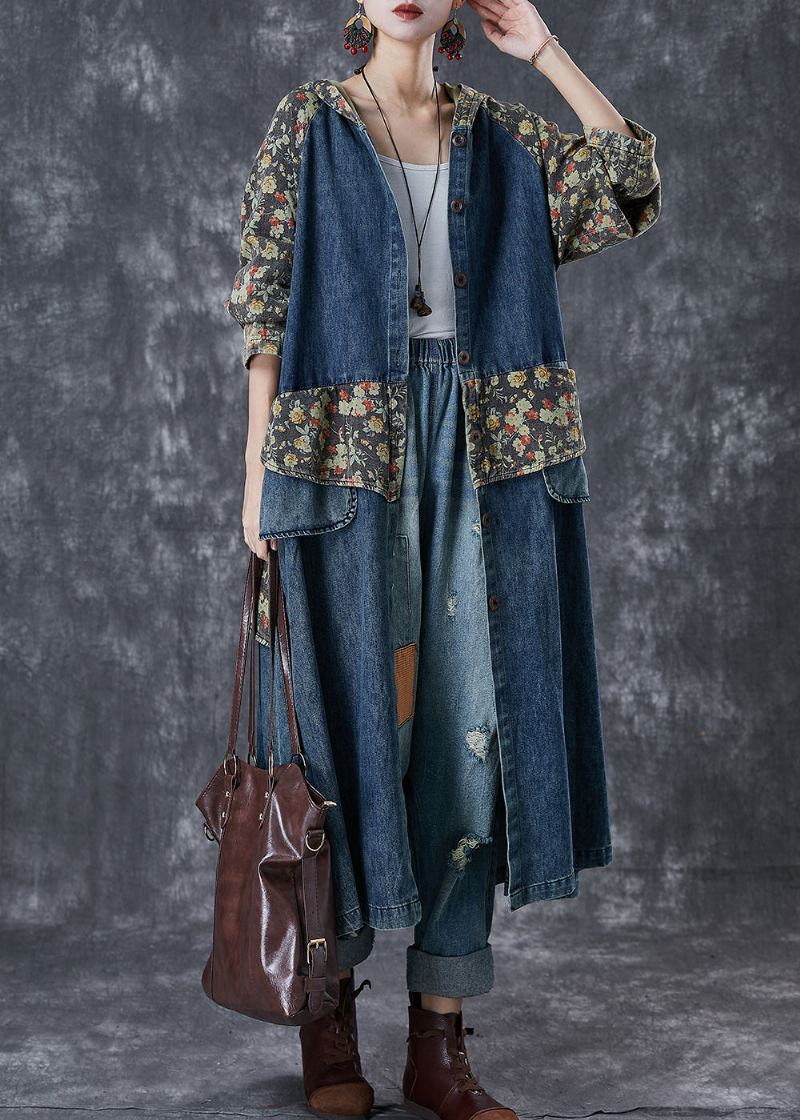 French Navy Oversized Patchwork Print Denim Trench Coats Høst