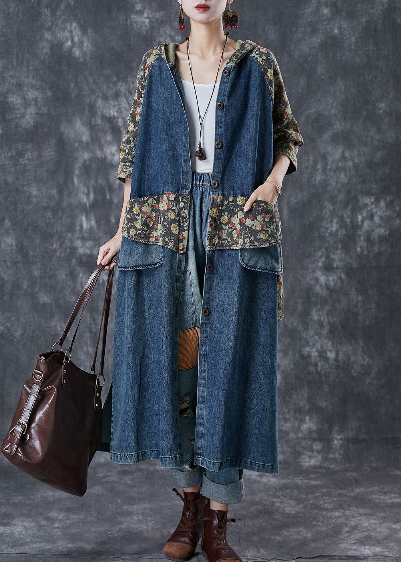 French Navy Oversized Patchwork Print Denim Trench Coats Høst - Trenchcoats for kvinner