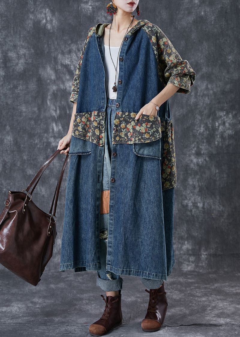 French Navy Oversized Patchwork Print Denim Trench Coats Høst - Trenchcoats for kvinner