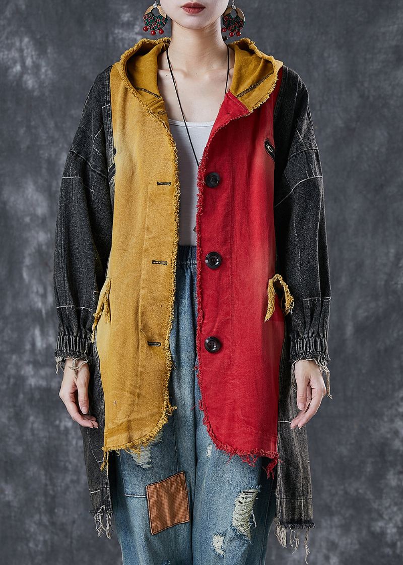 Gjør-det-selv Colorblock Asymmetrisk Patchwork Denim Coat Outwear Spring