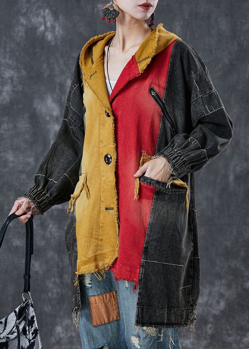 Gjør-det-selv Colorblock Asymmetrisk Patchwork Denim Coat Outwear Spring - Trenchcoats for kvinner