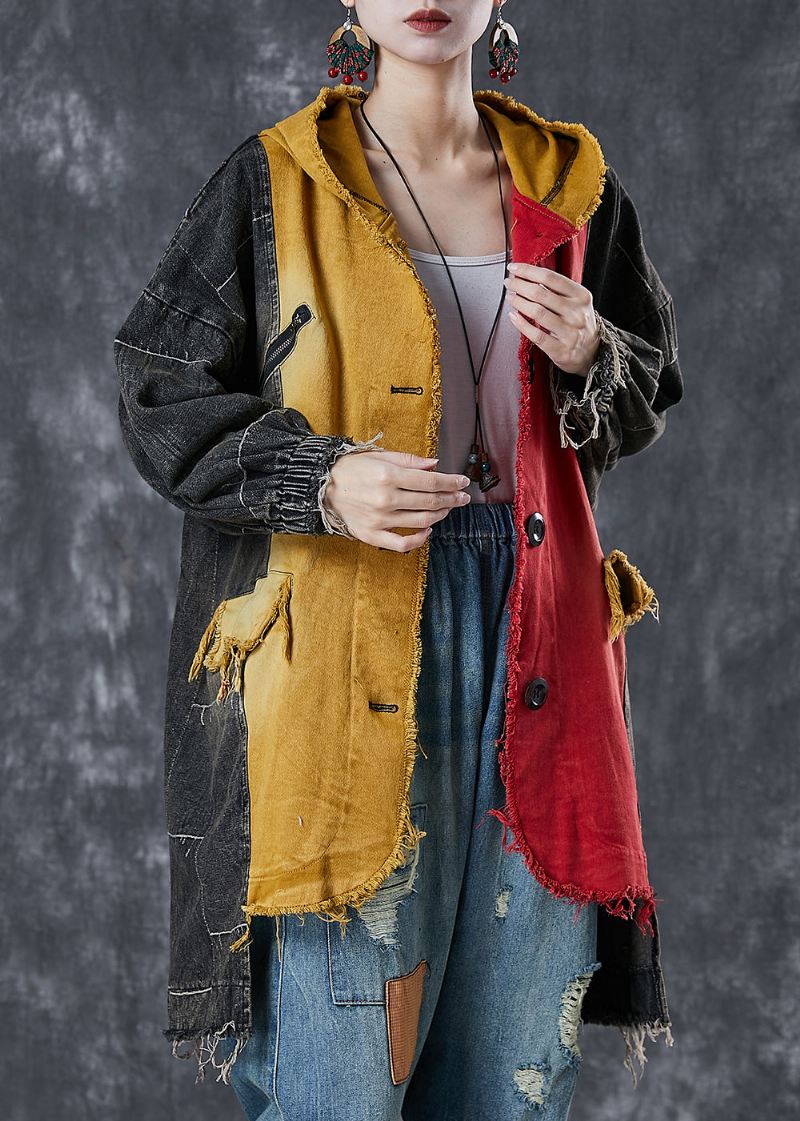 Gjør-det-selv Colorblock Asymmetrisk Patchwork Denim Coat Outwear Spring - Trenchcoats for kvinner