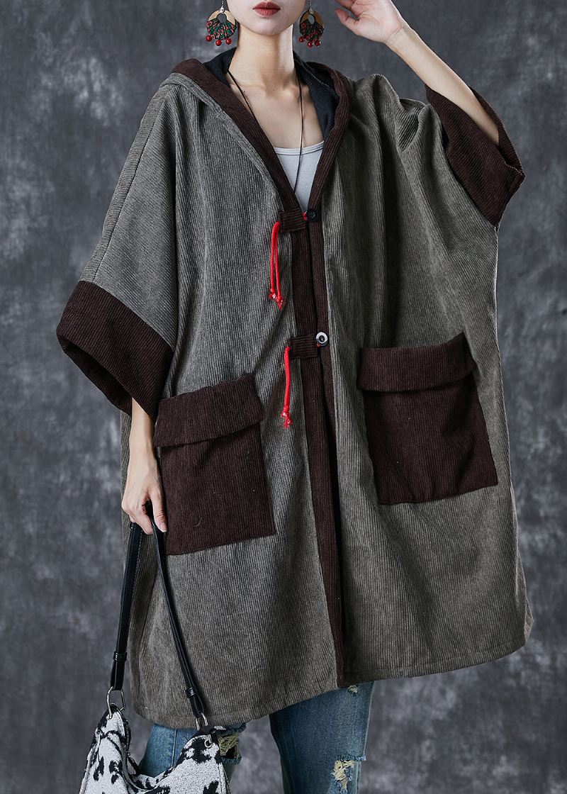 Grå Patchwork Varm Fleece Corduroy Trench Hettelommer Spring