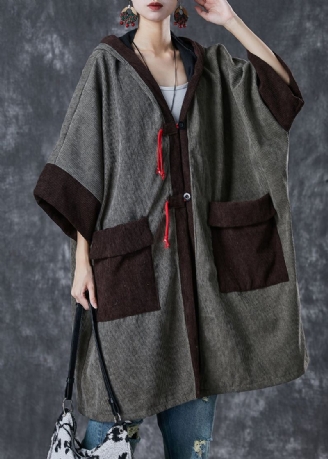 Grå Patchwork Varm Fleece Corduroy Trench Hettelommer Spring