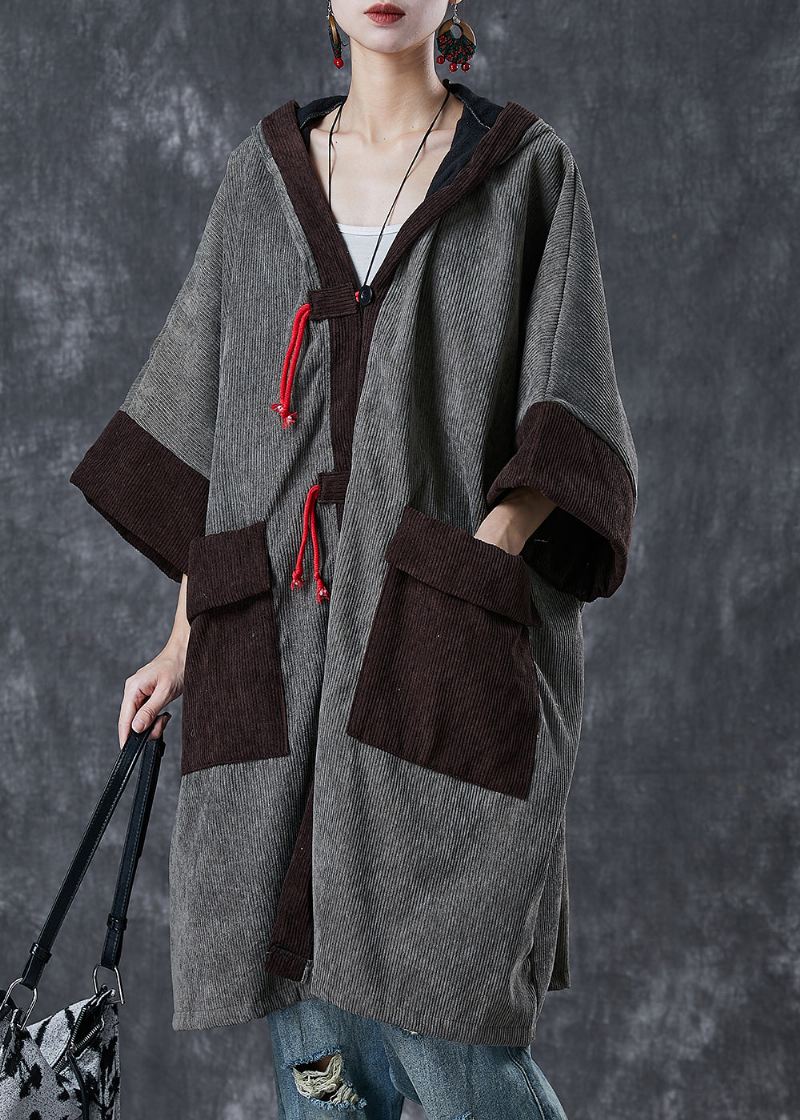 Grå Patchwork Varm Fleece Corduroy Trench Hettelommer Spring - Trenchcoats for kvinner