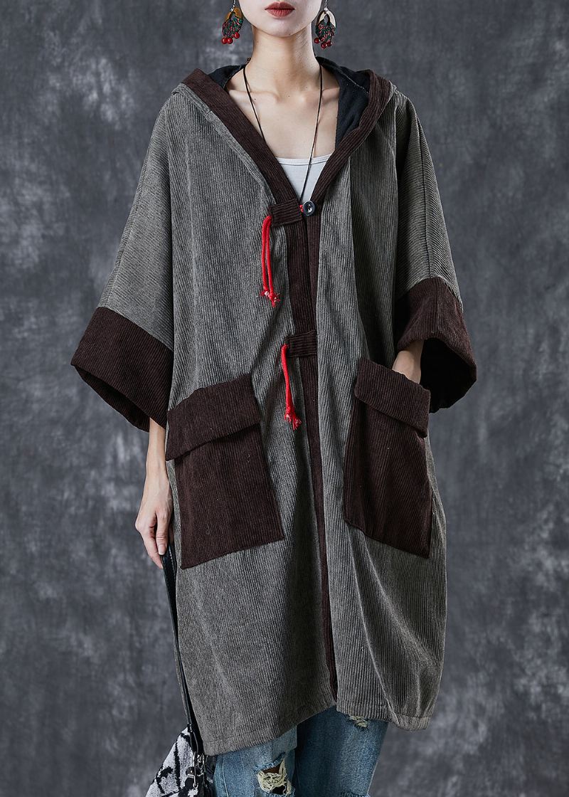 Grå Patchwork Varm Fleece Corduroy Trench Hettelommer Spring - Trenchcoats for kvinner