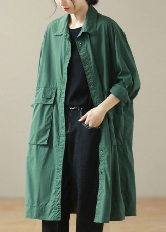 Grønne Lommer Patchwork-knapp Midt Trenchcoat Høst