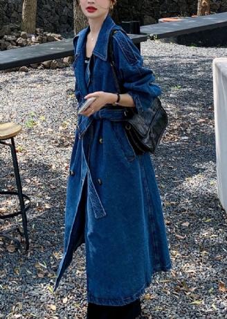 Håndlaget Blå Lommer Tie Midje Patchwork Denim Trench Fall