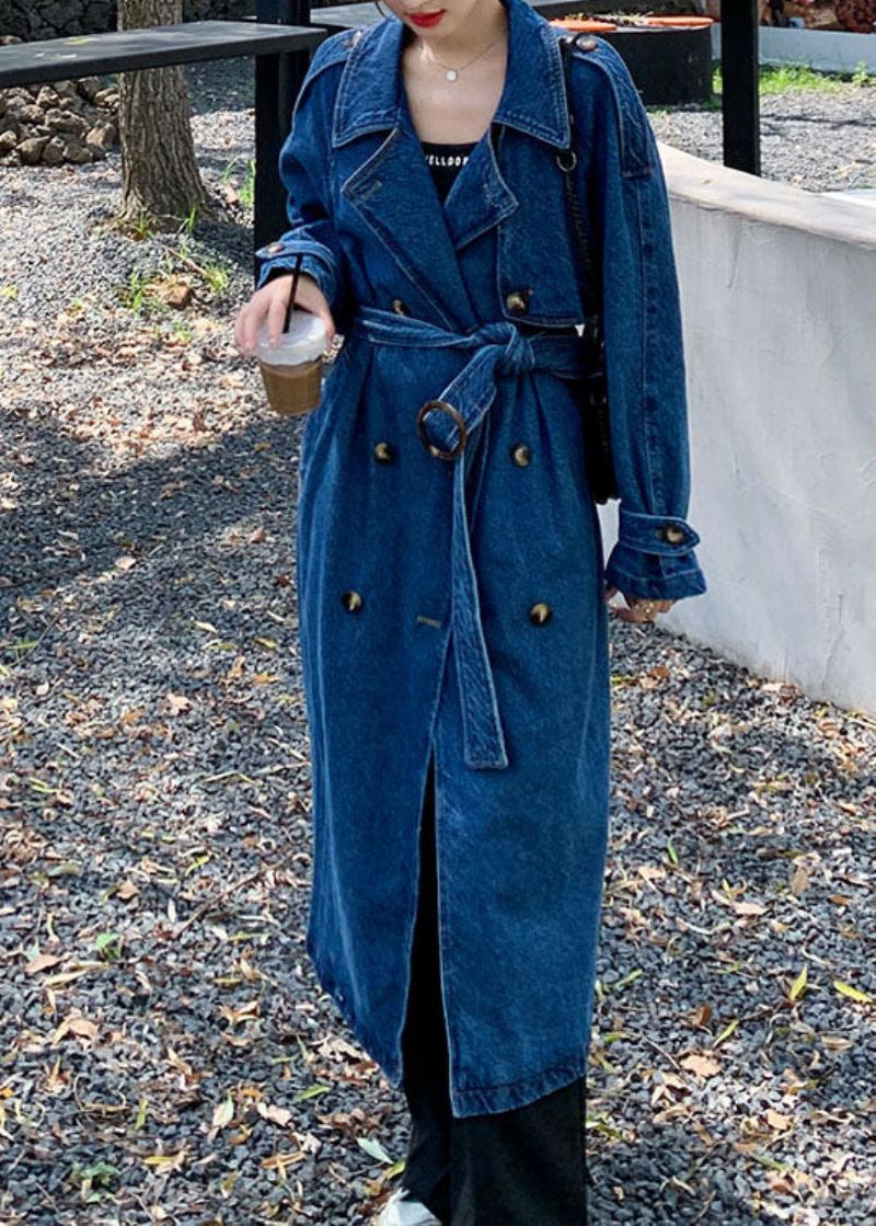 Håndlaget Blå Lommer Tie Midje Patchwork Denim Trench Fall - Trenchcoats for kvinner