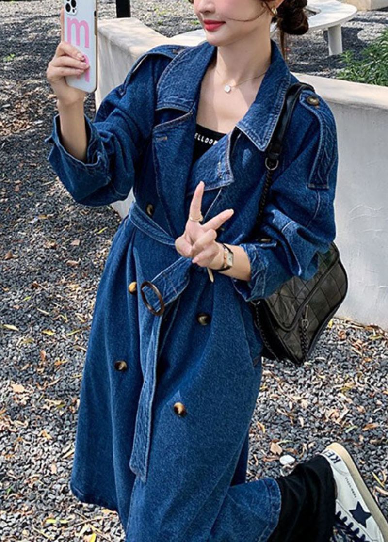 Håndlaget Blå Lommer Tie Midje Patchwork Denim Trench Fall - Trenchcoats for kvinner