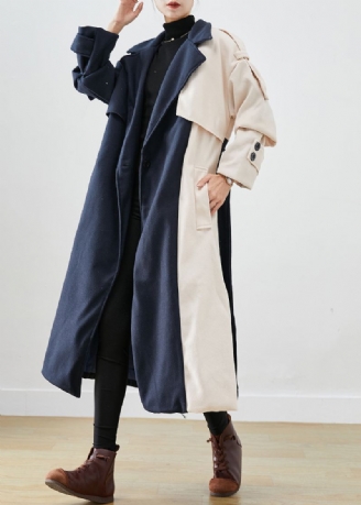 Håndlaget Navy Asymmetrisk Patchwork Ull Trench Coats Høst