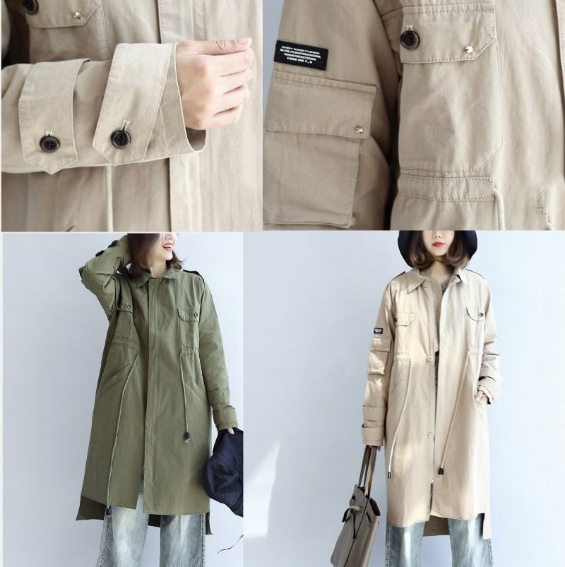 Høstbeige Bomull Trenchcoat Knyte Midje Løse Lommer Lapel Parka - Grønn