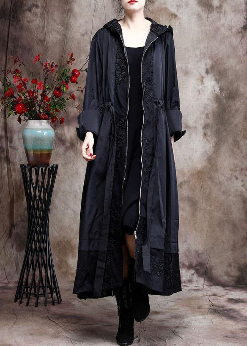 Italian Black Brodery Plus Size Coat Hette Maxi Coats