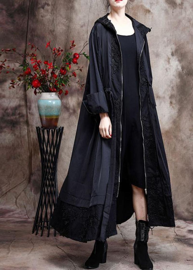 Italian Black Brodery Plus Size Coat Hette Maxi Coats - Svart