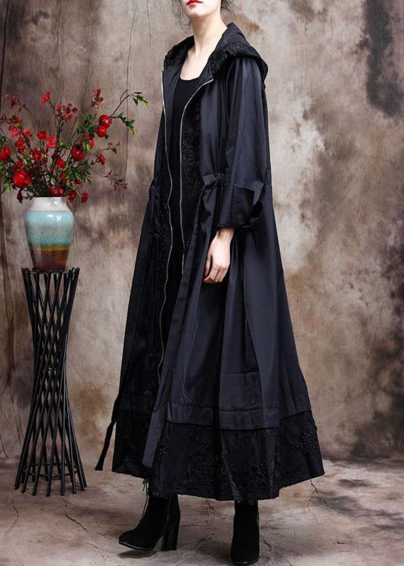 Italian Black Brodery Plus Size Coat Hette Maxi Coats - Svart