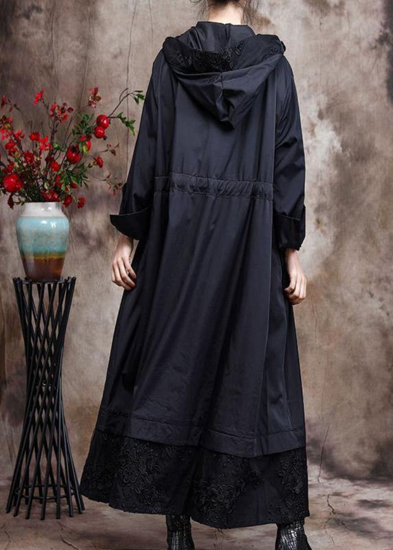 Italian Black Brodery Plus Size Coat Hette Maxi Coats - Svart