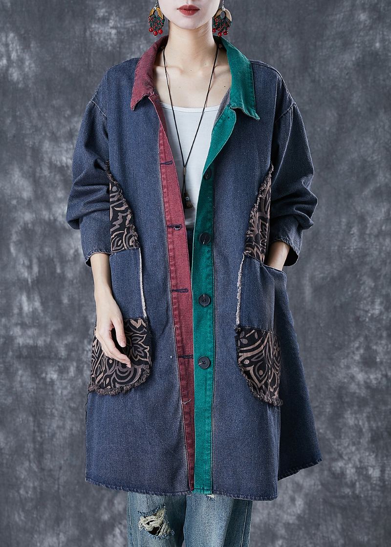 Italian Navy Oversized Patchwork Denim Ripped Trench Fall - Trenchcoats for kvinner