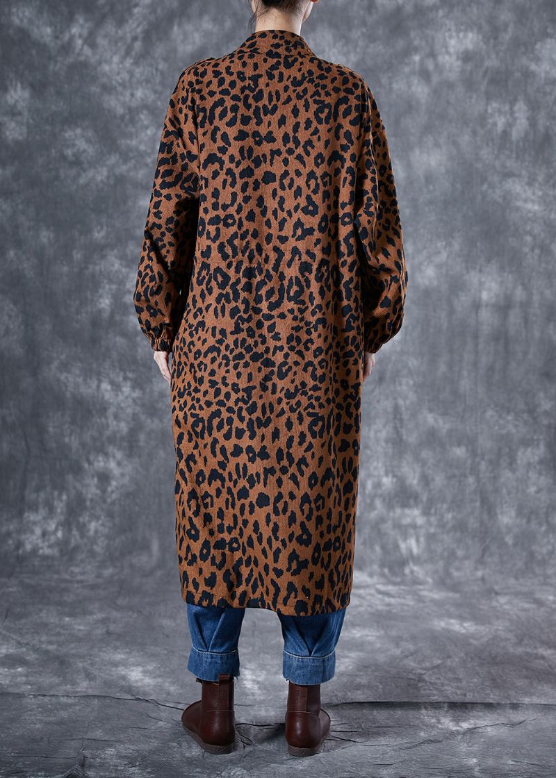 Italiensk Kaffe Overdimensjonerte Leopardtrykklommer Bomull Trenchcoat Vår - Trenchcoats for kvinner