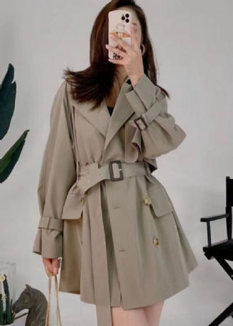 Italiensk Khaki Peter Pan Krage Doble Bryst Sashes Cotton Trench Outwear Fall