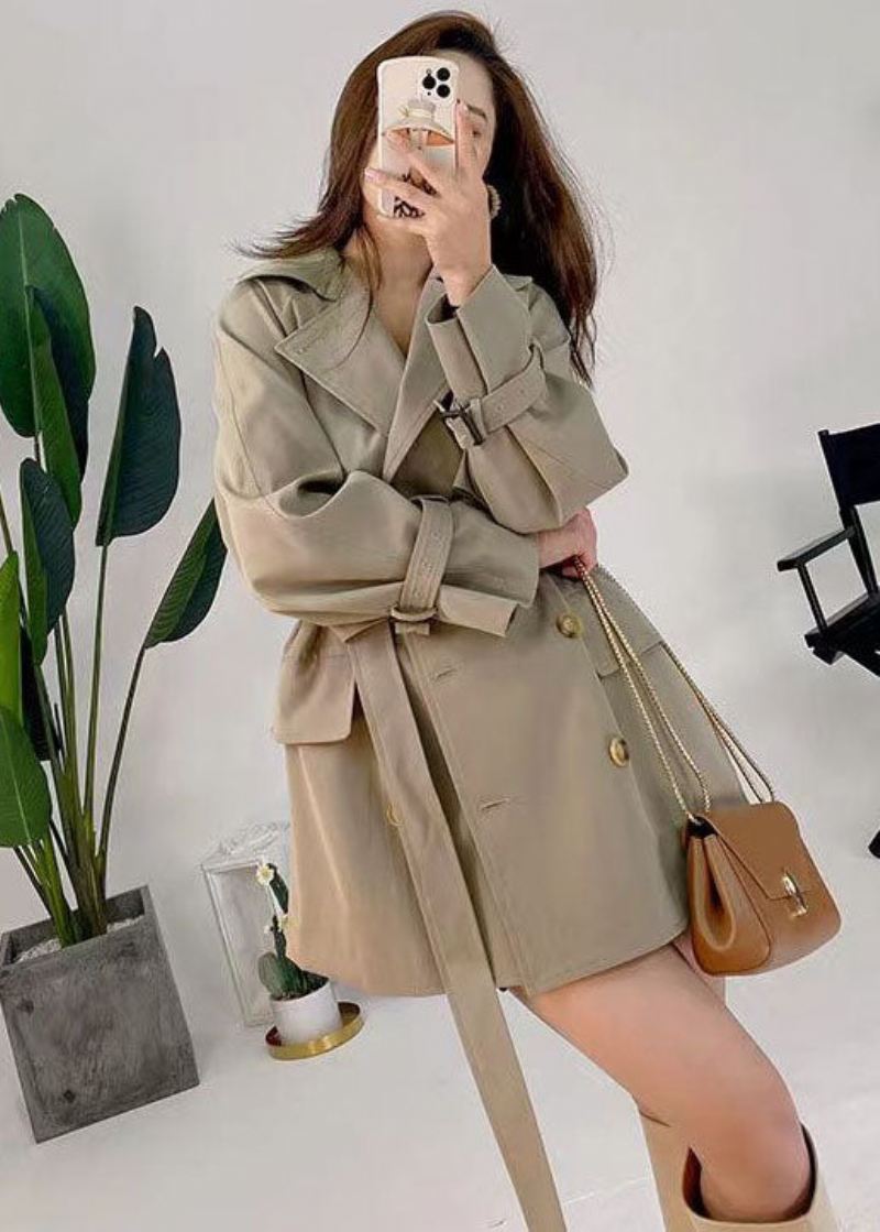 Italiensk Khaki Peter Pan Krage Doble Bryst Sashes Cotton Trench Outwear Fall - Khaki